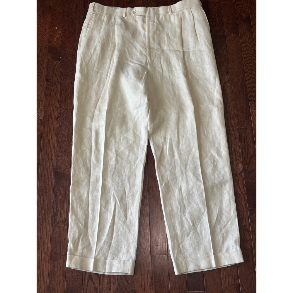 Samuelsohn Mens Cream Linen Pleated Cuffed Trousers Dress Pants 38x31
